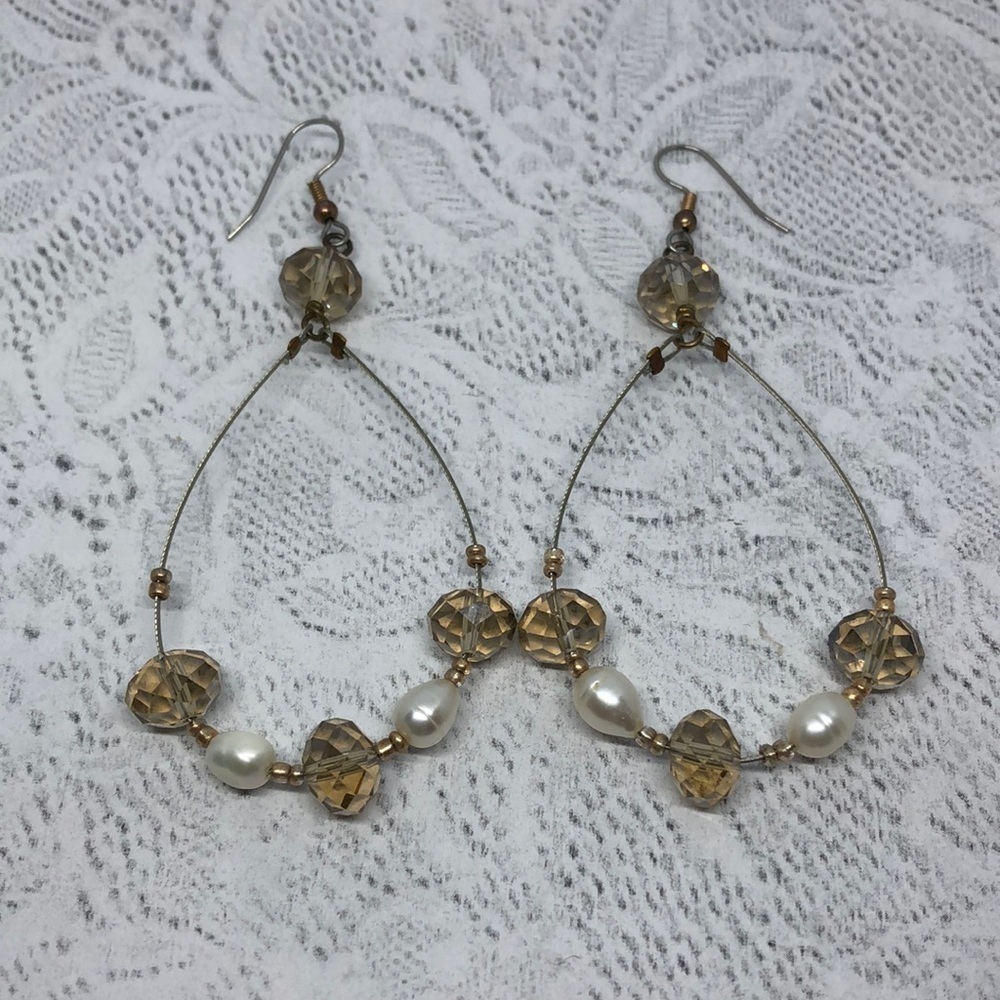 Artisan statement size crystals freshwater pearls earrings dangle tear drop.